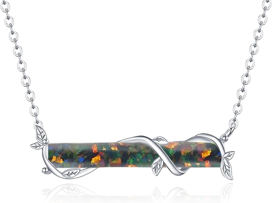 Bar Opal Leaf Necklace For Women S925 Sterling Silver White Opal Pendant with Leaf Charm Bar Pendant Jewelry Gift For Mom Daughter Wife