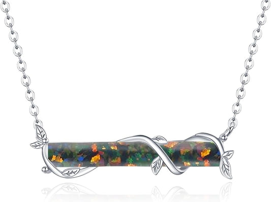 Bar Opal Leaf Necklace For Women S925 Sterling Silver White Opal Pendant with Leaf Charm Bar Pendant Jewelry Gift For Mom Daughter Wife