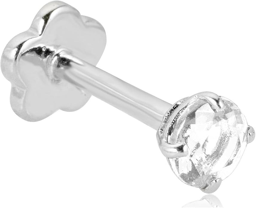 AVORA 14K Yellow/White Gold 3mm Round Simulated Diamond (0.1 carat) Cartilage Piercing Flat Back Earring Body Jewelry (18 Gauge) - Emerald, Ruby, Amethyst, Sapphire, Sim. Diamond