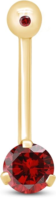 AFFY Internally Threaded Belly Button Navel Ring for Women, Three-Prong Round Simulated Birthstone in 14K Gold Over 925 Sterling Silver, Body Piercing Jewelry Gift