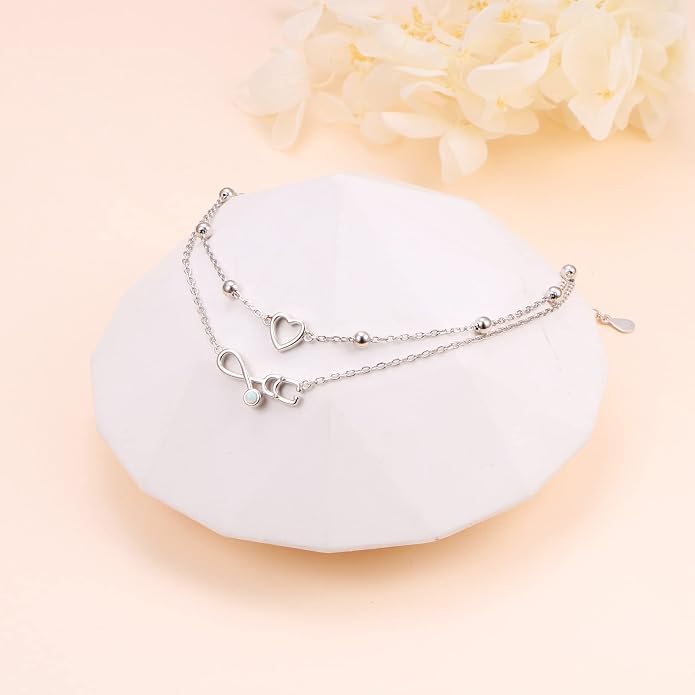Flyow Anklet for Women S925 Sterling Silver Adjustable Foot Beaded Heart Charm Ankle Bracelet Anklets Jewelry