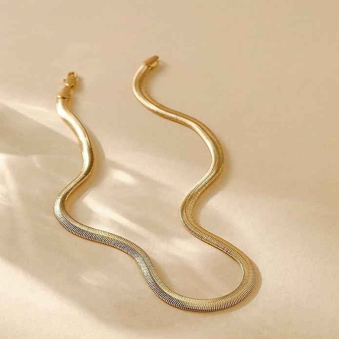 18K Gold Plated Snake Chain Bracelet for Men and Women, 6mm Flat Flexible Chain, Smooth Herringbone Style, Hypoallergenic Jewelry for Daily Wear, Minimalist Gift