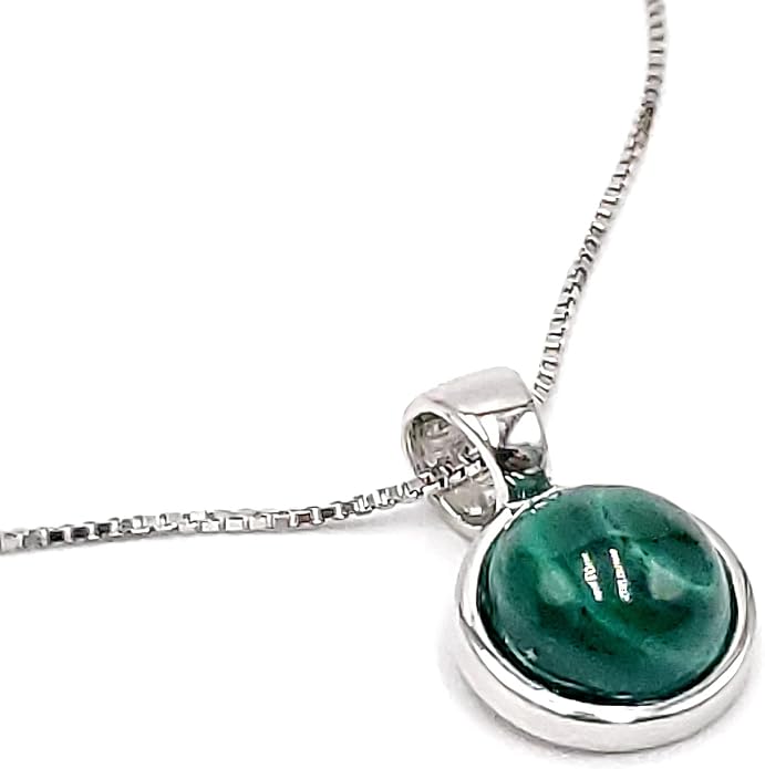 Natural gemstone 8mm round pendant with white gold over 925 sterling silver bezel cabochon plate and box chain, real genuine dainty birthstone gift for her, uniquelan jewelry