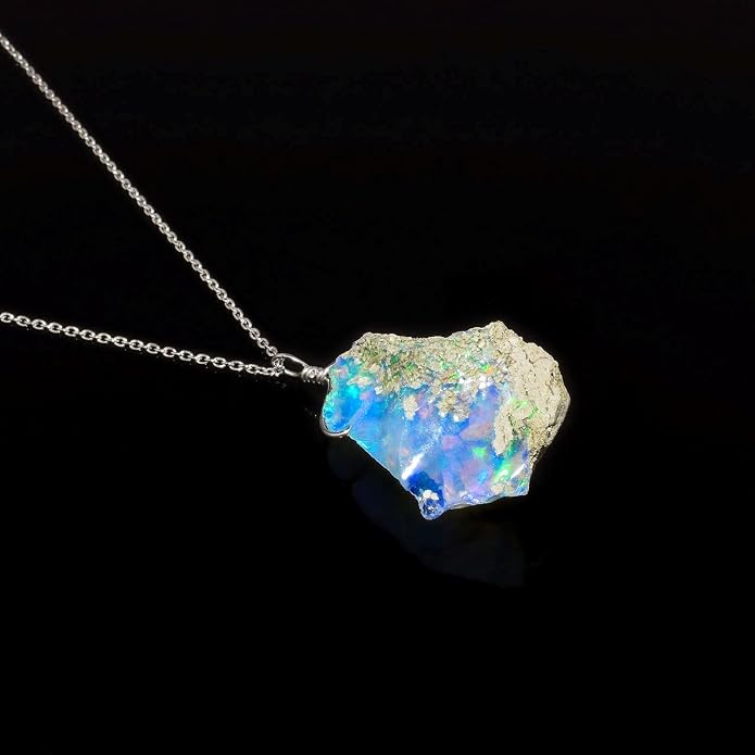 Raw Ethiopian Fir Opal Pendant Necklace for Women, Dainty Pendant, Handmade October Birthstone, Hypoallergenic Spiritual Healing Stone 925 Sterling Silver Chain 20" Birthday Gifts