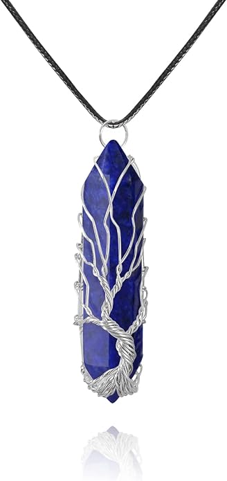 VIBILIA Healing Crystal Necklace Tree of Life Wire Wrapped Natural Stone Point Pendant Necklace Hexagonal Reiki Spiritual Quartz Gemstone Jewelry for Women Men