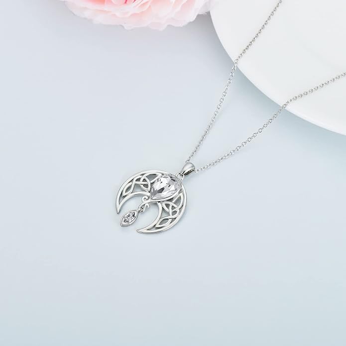 AOBOCO Sterling Silver Celtic Crescent Moon Goddess Pendant Irish Good Luck Necklace with Birthstone Crystal, Celtic Moon Jewelry Gift for Women Mom Wife