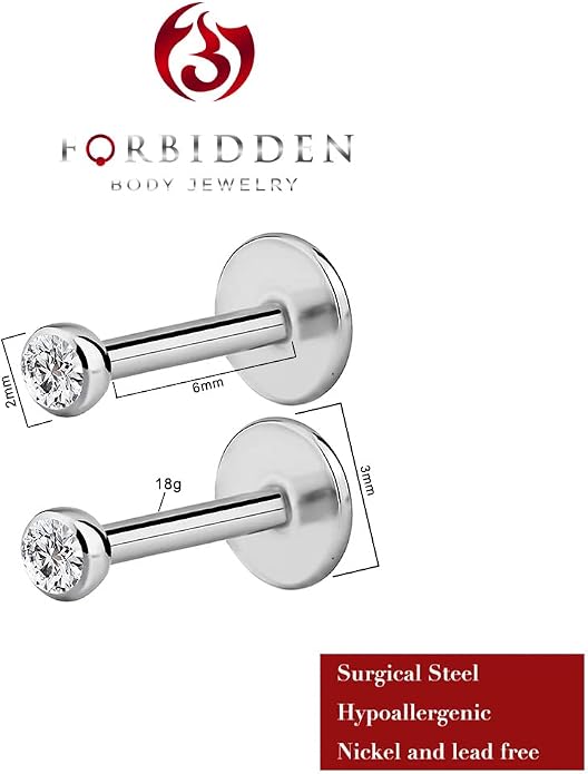 Forbidden Body Jewelry Surgical Steel Earrings Internally Threaded Micro CZ Gem Top Tragus/Helix/Labret Stud with 2mm Top 18G (4mm-10mm)