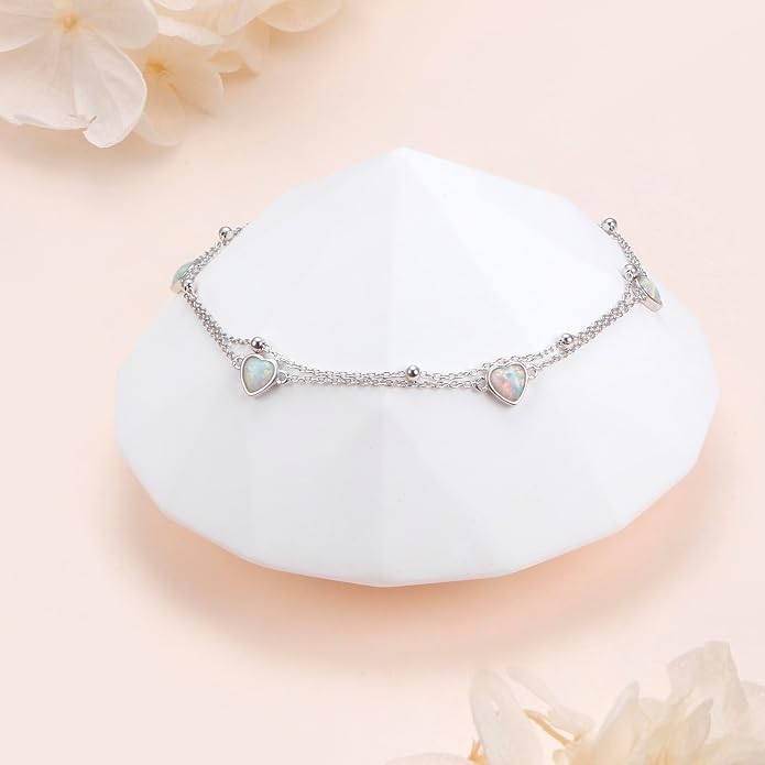 Flyow Anklet for Women S925 Sterling Silver Adjustable Foot Beaded Heart Charm Ankle Bracelet Anklets Jewelry