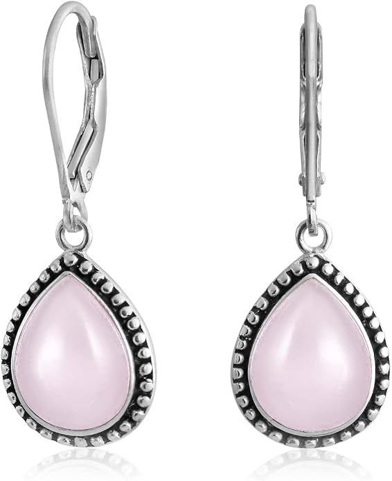 Bling Jewelry Boho Western Style Milgrain Setting Semi Precious Gemstones Lapis Turquoise Jade Onyx Quartz Pear Shaped Teardrop Lever Back Dangle Drop Earrings Teen Oxidized .925 Sterling Silver