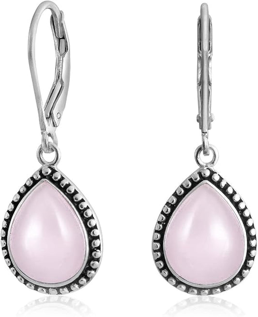 Bling Jewelry Boho Western Style Milgrain Setting Semi Precious Gemstones Lapis Turquoise Jade Onyx Quartz Pear Shaped Teardrop Lever Back Dangle Drop Earrings Teen Oxidized .925 Sterling Silver