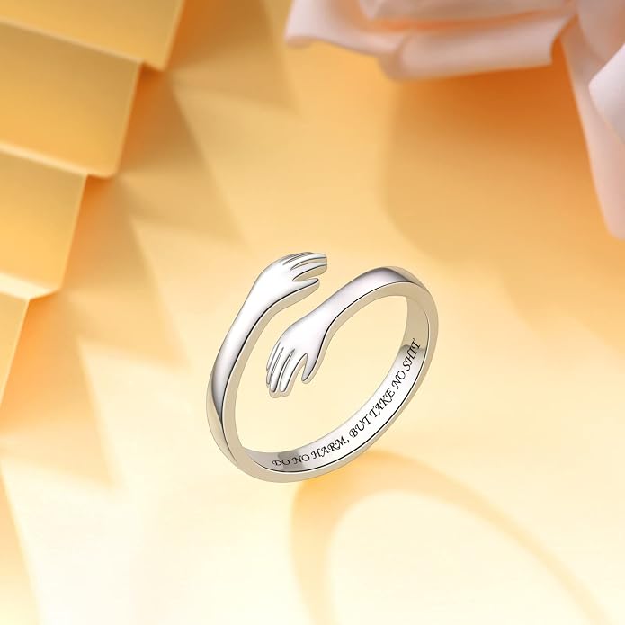 S925 Sterling Silver Hug Rings for Women Teen Girls Adjustable Ring for Granddaughter Daughter Hope Promise Friendship Hand Ring Jewelry for Birthday Graduation Christmas Mothers Day Valentines Gifts