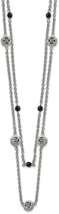 Solid Stainless Steel Black Onyx 2in Extension Layered Necklace Chain - with Secure Lobster Lock Clasp 23.75"