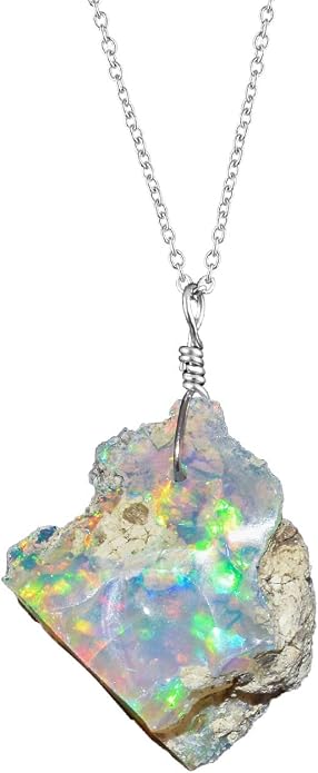 Ultra Fire Raw Ethiopian Opal Rough Dainty Pendant Necklace For Women, Healing Chakra Crystals, Handmade October Birthstone Jewelry, 925 Silver Chain 18 inch, Wedding Gift