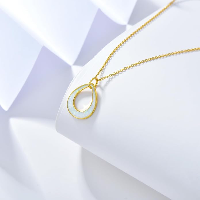 Opal Necklace 925 Sterling Silver 14K Gold Plated Opal Necklace for Women Dainty Opal Pendant White Opal Jewelry Opal Birthstone Necklace 18"-20"