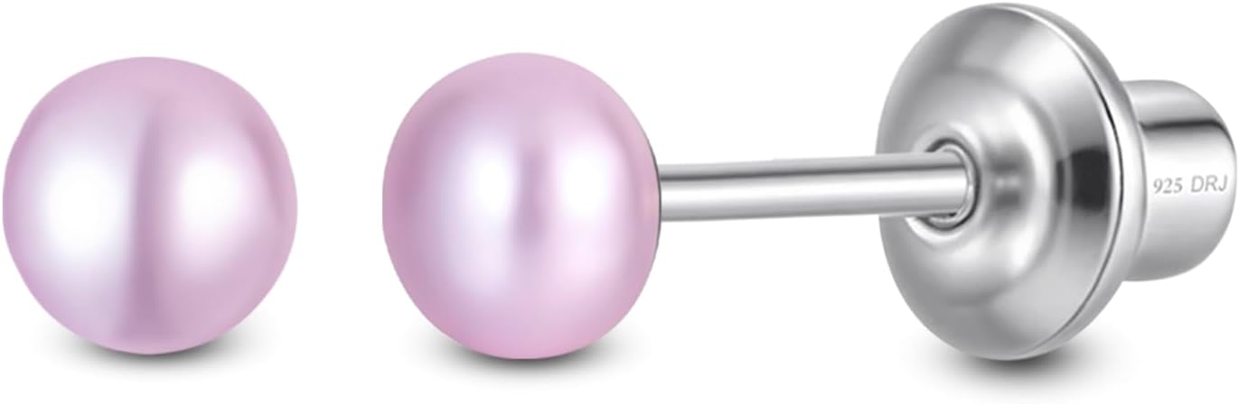 Pearl Screw Back Stud Earrings for Baby, Toddler, Girls | Hypoallergenic 925 Sterling Silver Screwback Safety Earrings | Simulated Pearl Studs for Sensitive Ears | Keepsake Gift for Birthdays Holidays Special Occasions