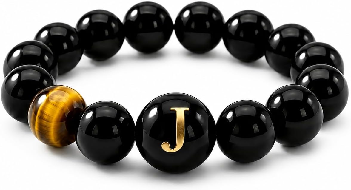 Initial Ring for Women, Black Onyx Beaded Stretch Letter Ring | Personalized-style A-Z initial ring with black onyx beads, shell letter bead, stretch fit, and gift-ready box