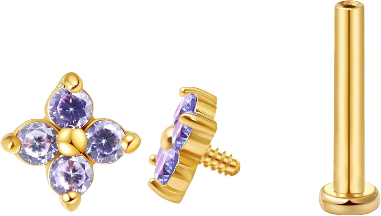 FANSING CZ Flower Internally Threaded Flat Back Earring Labret Stud for Cartilage Tragus Helix Conch
