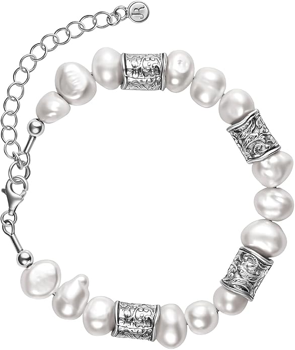 JEAN RACHEL JEWELRY 925 Sterling Silver Bracelet On A 7.5" Chain With Freshwater Cultured Pearls Vintage Look Hypoallergenic Nickel and Lead-free Artisan Handcrafted Designer Collection