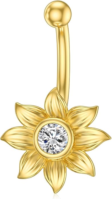 Solid 14K Gold Sunflower Belly Button Ring 14G 14K Real Gold Daisy Navel Rings Gold Dangle Belly Button Piercing Jewelry Gift for Women Wife Valentine's Day Birthday