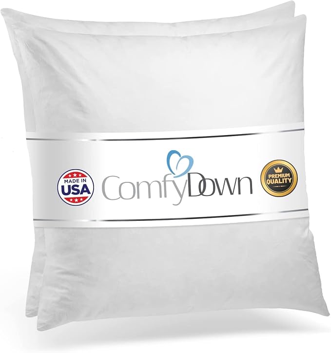 ComfyDown 24x24 Throw Pillow Inserts (Set of 2), Down & Feather Fill, 100% Cotton Cover, Made in USA – Premium Soft Decorative Pillow Forms Sham Stuffers for Bed, Sofa & Couch
