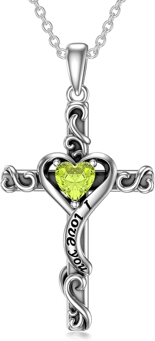 TOUPOP Cross Birthstone Necklace for Women 925 Sterling Silver Heart Cross Pendant I Love You Jewelry Anniversary Birthday Mothers Day Gifts for Mom Wife Her