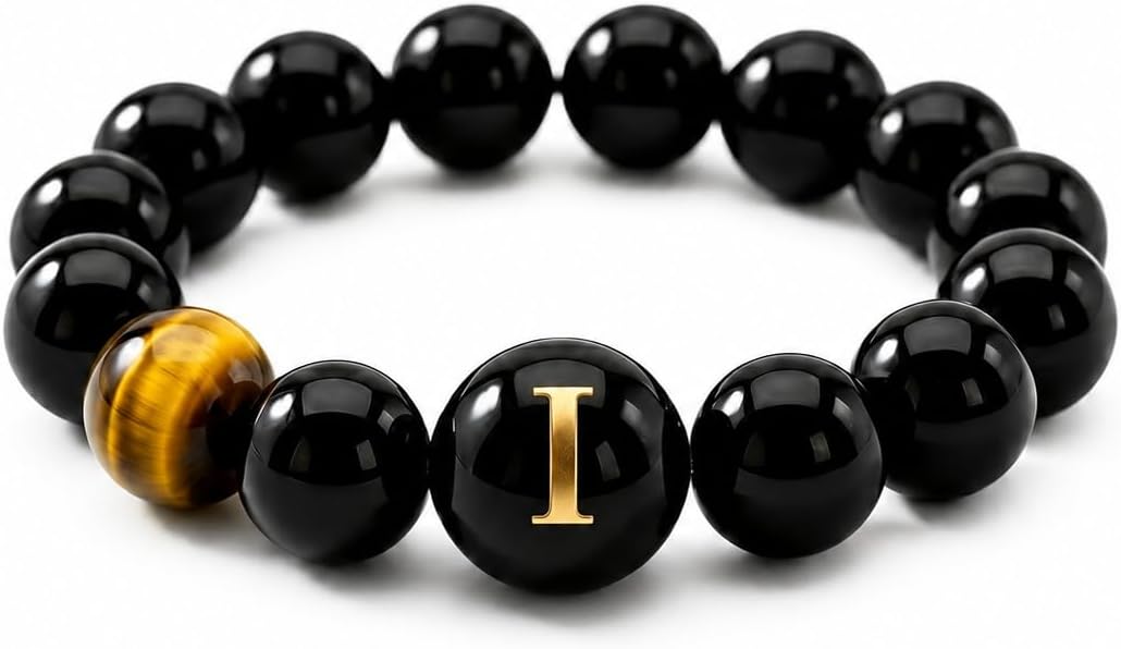 Initial Ring for Women, Black Onyx Beaded Stretch Letter Ring | Personalized-style A-Z initial ring with black onyx beads, shell letter bead, stretch fit, and gift-ready box