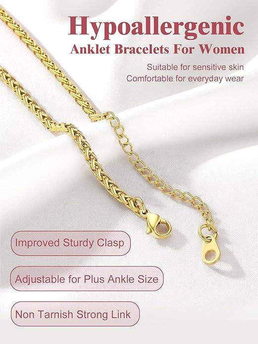 FOCALOOK 14K Gold Plated Anklets for Women Waterproof Plus Size Ankle Bracelet 8.5-10.5 Inch Adjustable Mariner/Figaro/Flat Snake/Cuban Link Chain Anklet Jewelry for Summer Beach Holiday