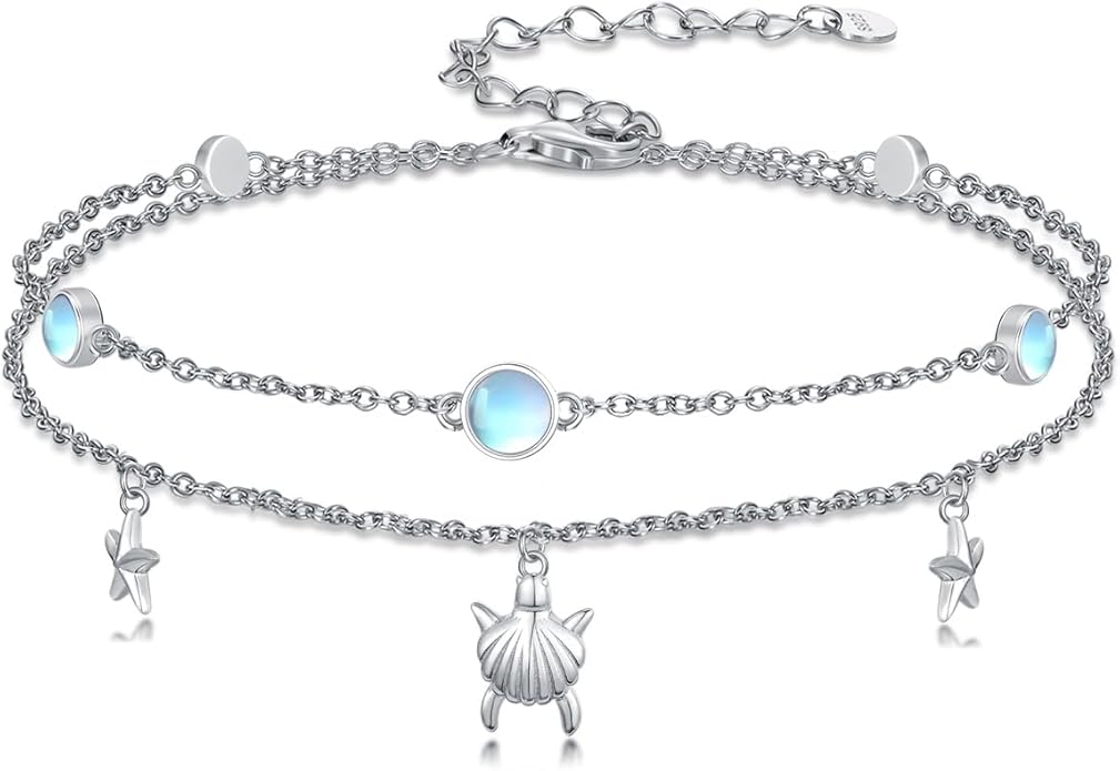 Wave/Dolphin Bracelet/Sea Turtles Anklet 925 Sterling Silver Adjustable Moonstone Bracelet/Anklet Summer Ocean Jewelry Gifts for Women