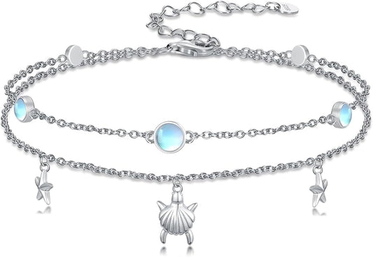 Wave/Dolphin Bracelet/Sea Turtles Anklet 925 Sterling Silver Adjustable Moonstone Bracelet/Anklet Summer Ocean Jewelry Gifts for Women