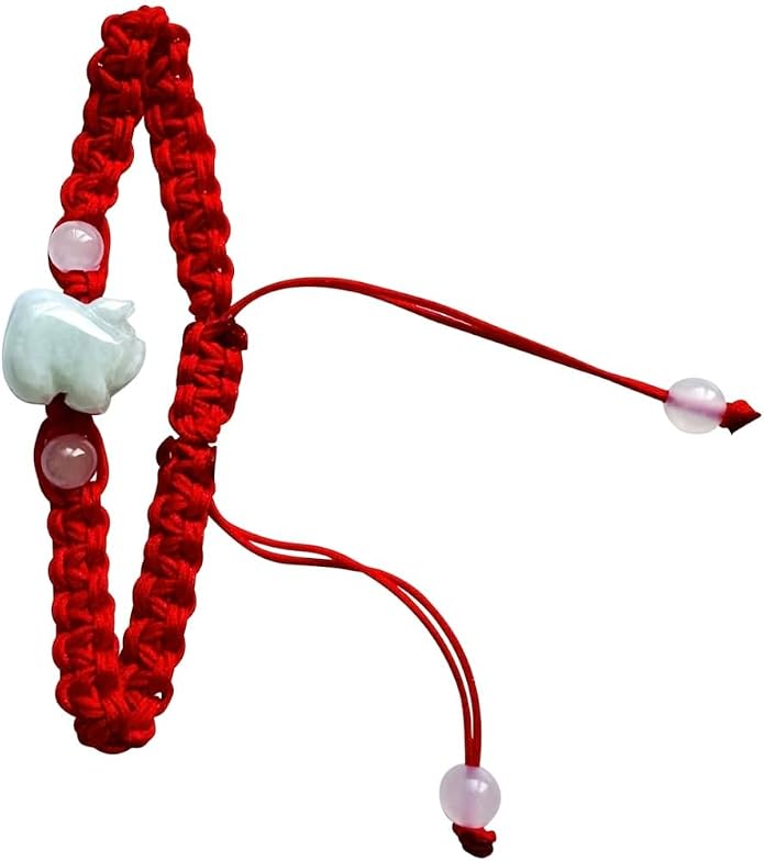 Unik22 Lucky Jade Pig Bracelet, Red Adjustable String, Jade Zodiac Jade Animal Bracelet, Lucky FENGSHUI Bracelet, Unisex, Good for Wealth & Happiness