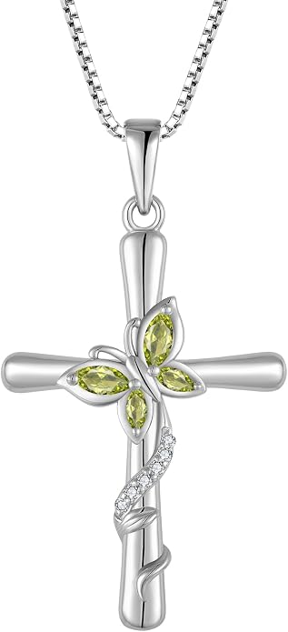 Cross Necklace for Women 925 Sterling Silver Butterfly Necklace Birthstone Pendant Created Gemstone Jewelry Gifts for Women