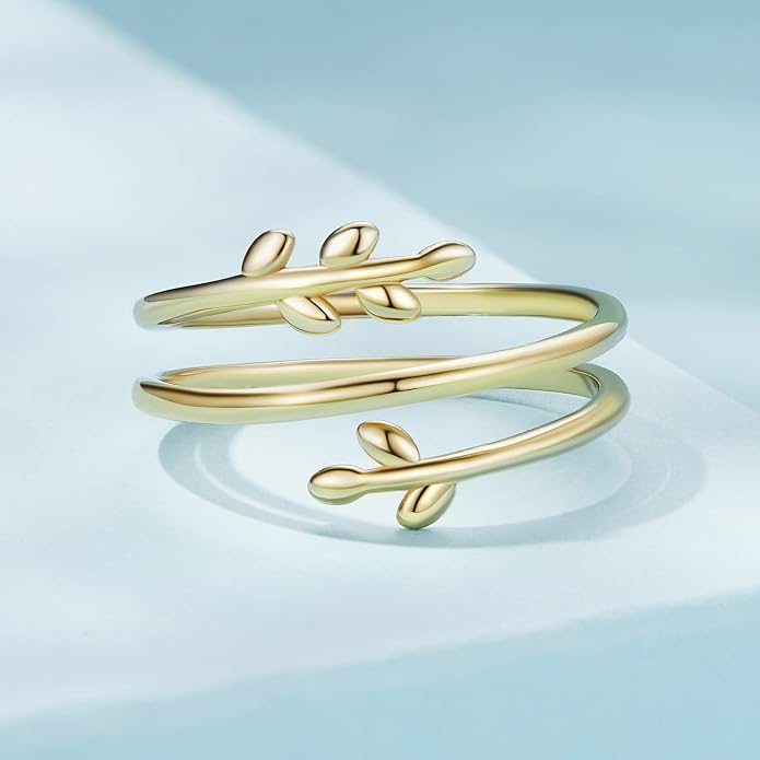 MUNDELL 925 Sterling Silver Simple Multi-layer Leaf Adjustable Ring Green Lucky Leaves Statement Ring for Women Promise Ring Fine Jewelry