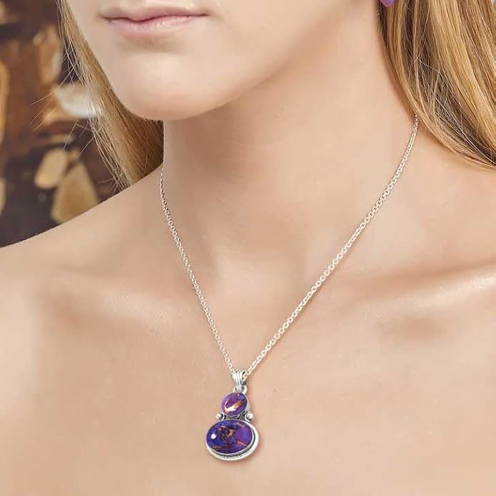 Handmade Genuine 925 Sterling Silver Pendant Necklace Natural Gemstone Crystal, Lapis, Onyx, Amber Oval Round Boho Jewelry For Women