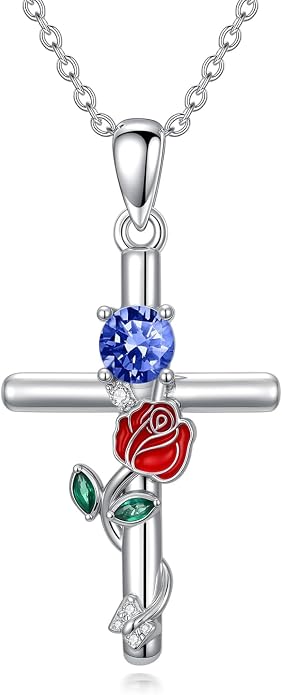 Birthstone Cross Necklace 925 Sterling Silver Rose with Butterfly Birthstone Cross Pendant Necklace Jewelry Gifts for Women Birthday Christmas