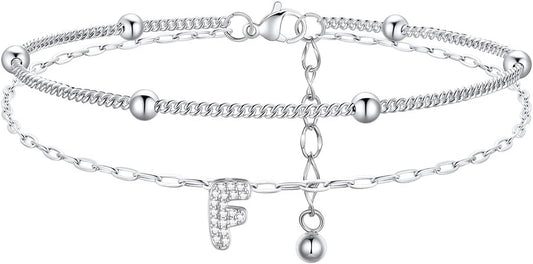 FindChic Silver/14K Gold Plated Layered CZ Initial Ankle Bracelet for Women | Waterproof Stainless Steel, Cubic Zirconia Letter Charm, Non-Tarnish, Hypoallergenic, Adjustable Extender, Summer Jewelry