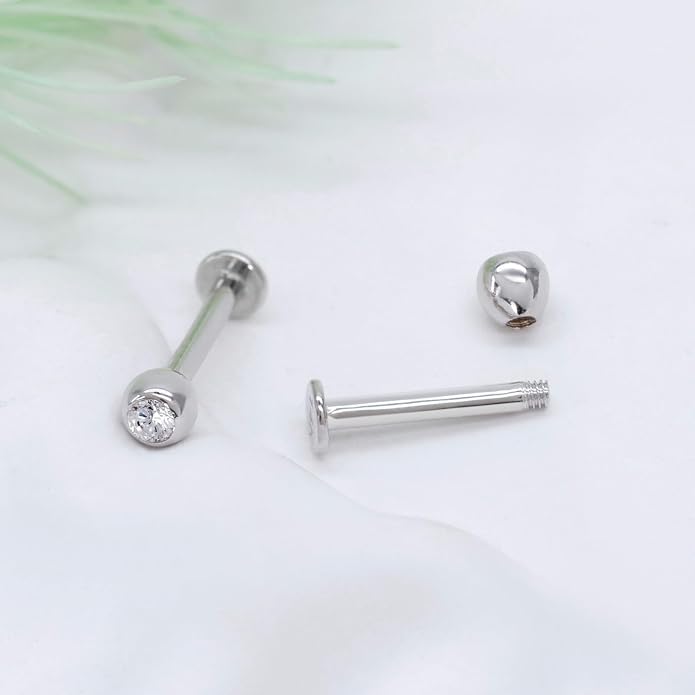 14k Yellow/White Gold Body Jewelry Earrings for Women Threaded Micro CZ Gem Top Tragus/Helix/Labret Stud 16G 6mm 8mm