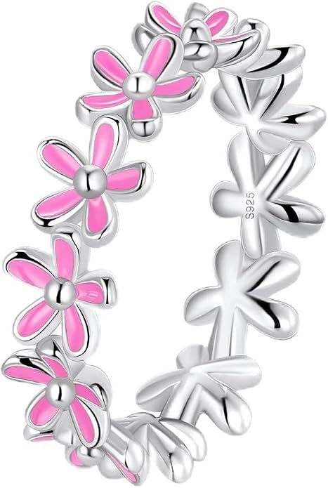S925 Sterling Silver Dainty Daisy Flower Rings for Women, I Think Of You Every Daisy, 12 Month Birth Flower Ring