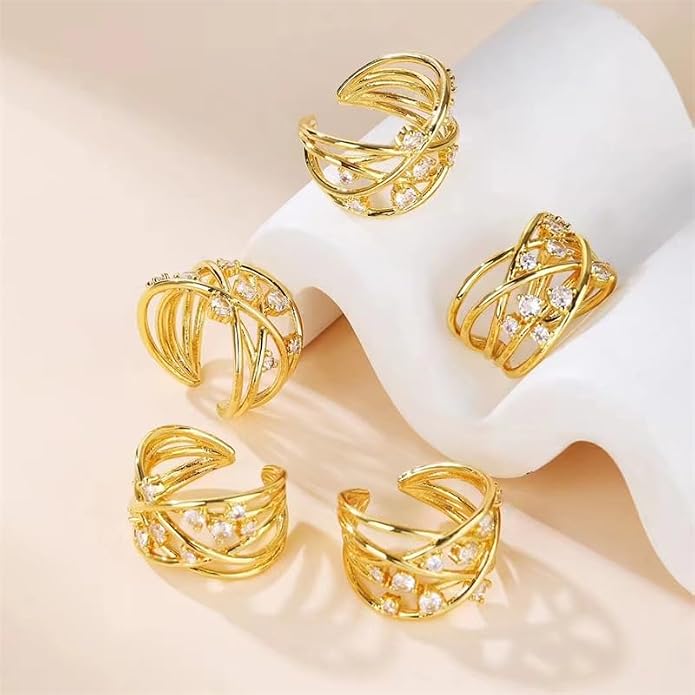 18K Gold Plated Rings for Women and Teen Girls Non Tarnish Cubic Zirconia Fidget Ring Butterfly/Snake/Mesh/Cross/Crown Knuckle Ring Open Adjustable Statement Stacking Chunky Rings