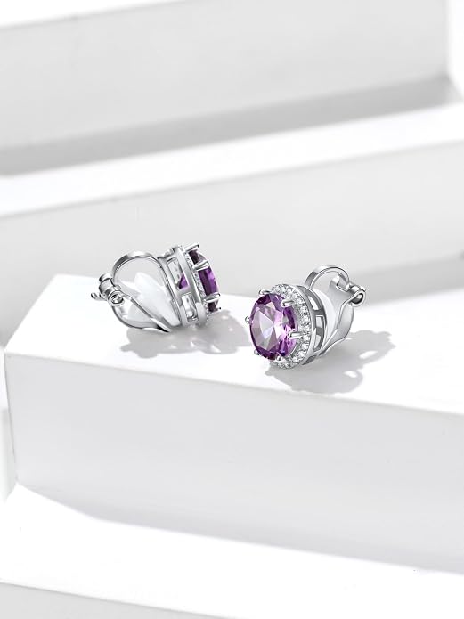 Silvora 925 Silver 8MM Cubic Zirconia Birthstone Clip On Stud Earrings Round Non Pierced Earrings For Women,Come with Box