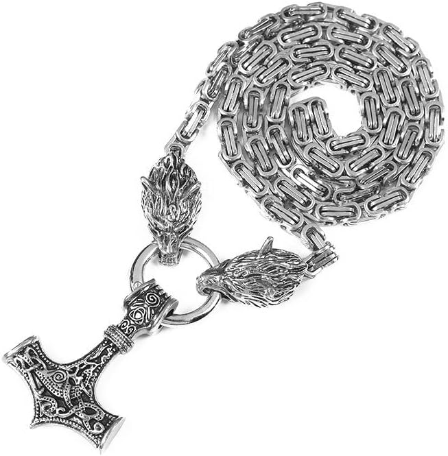 Viking Wolf Head Thor’s Hammer Pendant Necklace – Stainless Steel Norse Amulet Jewelry for Men, Nickel-Free, Gift Box Included
