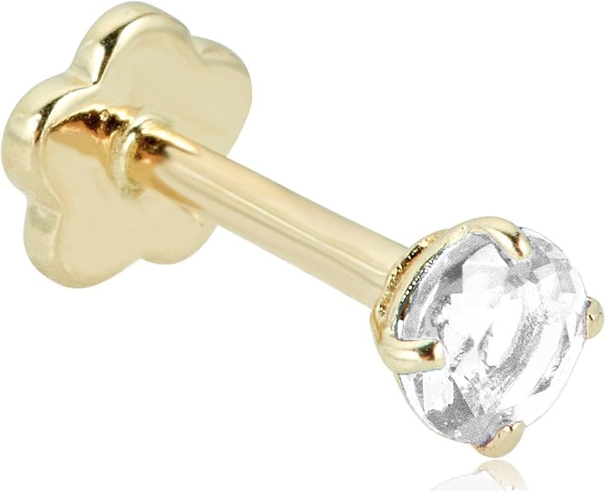 AVORA 14K Yellow/White Gold 3mm Round Simulated Diamond (0.1 carat) Cartilage Piercing Flat Back Earring Body Jewelry (18 Gauge) - Emerald, Ruby, Amethyst, Sapphire, Sim. Diamond