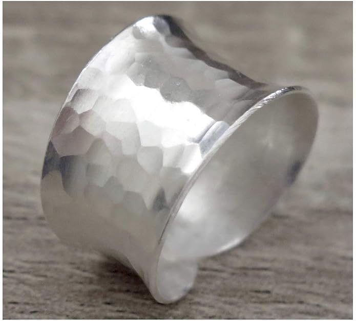 Hammered Sterling Silver Handmade Wide Band Ring, Classic Shiny Finish Wrap Band, Adjustable to Sizes 6-12, Can fit Also as Thumb ring, Gift for Her