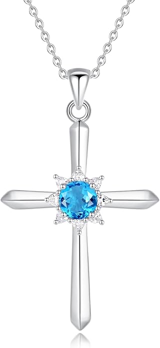 FANCIME Birthstone Cross Necklace for Women Sterling Silver Birthstone Necklace Halo Infinity Cross Pendant Necklace Fine Jewelry Valentines Day Gifts Birthday Holiday Gifts for Her, 16"+2" Inches