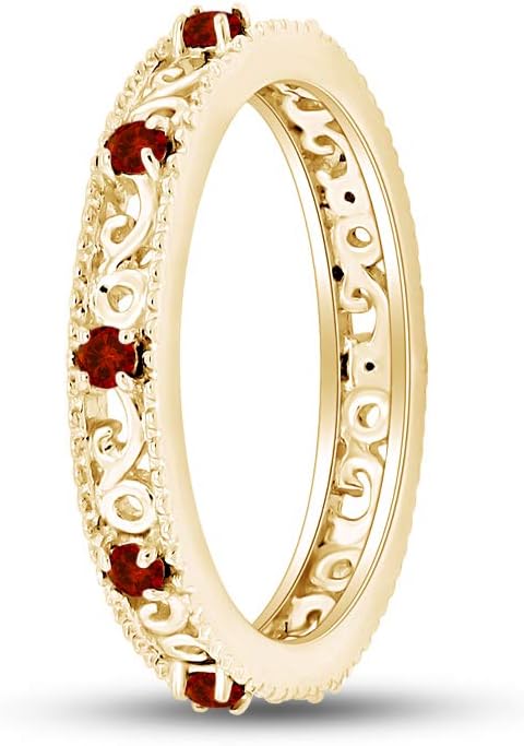 Jewel Zone US Filigree Eternity Wedding Band Ring for Women, Round Cut Simulated Gemstone Stackable Promise Ring in 14K Gold Plated 925 Sterling Silver Band Width 3.5mm – Elegant Jewelry for Her