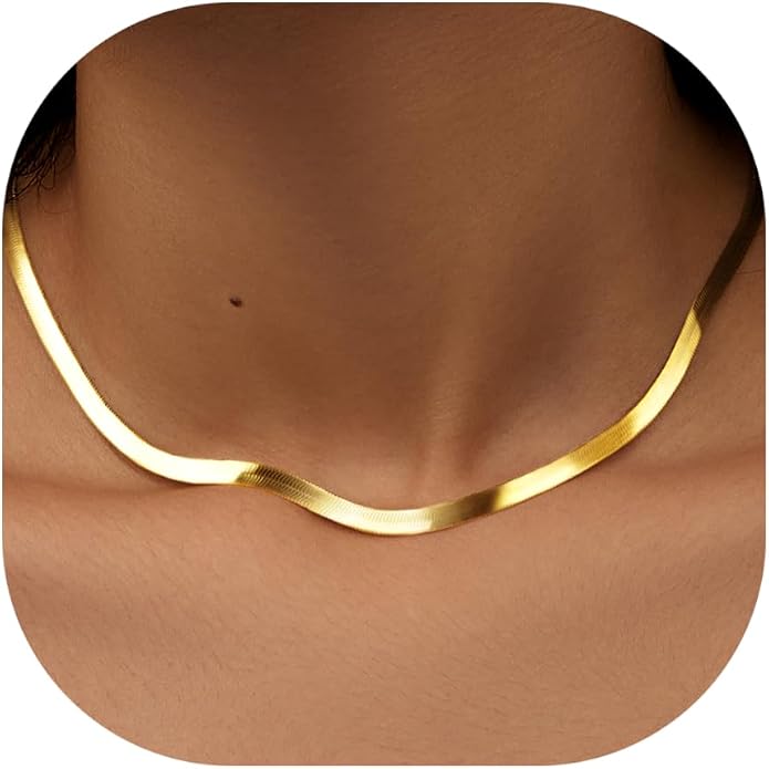 WomenGifts 14K Gold Silver Plated Herringbone Necklace for Women, Dainty Snake Chain Choker, Trendy Simple Long Layered Jewelry Non Tarnish, 3/4/5/8mm,14,16,18,20,22,24,26 Inch Thin & Chunky Options