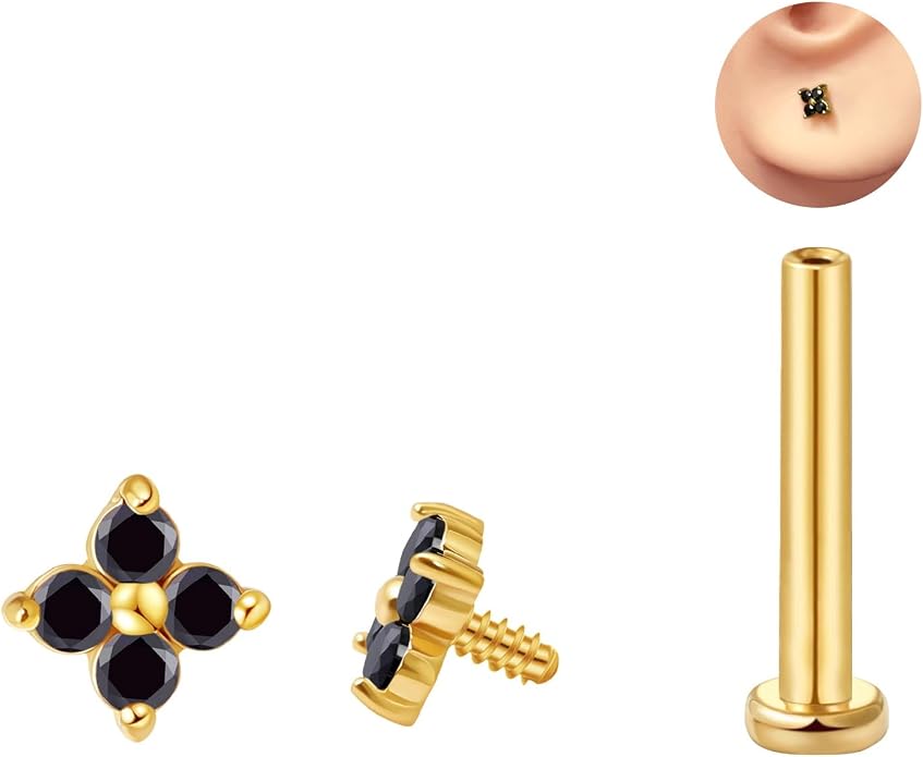 FANSING CZ Flower Internally Threaded Flat Back Earring Labret Stud for Cartilage Tragus Helix Conch