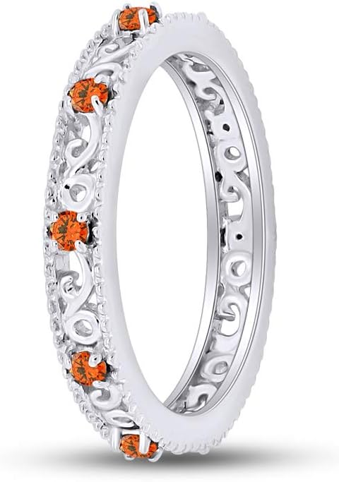 Jewel Zone US Filigree Eternity Wedding Band Ring for Women, Round Cut Simulated Gemstone Stackable Promise Ring in 14K Gold Plated 925 Sterling Silver Band Width 3.5mm – Elegant Jewelry for Her