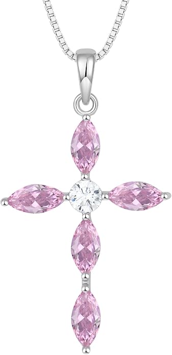 JO WISDOM Cross Necklace for Women,925 Sterling Silver Birthstone Necklaces Cubic Zirconia Cross Pendant Necklace Dainty Jewelry Gifts