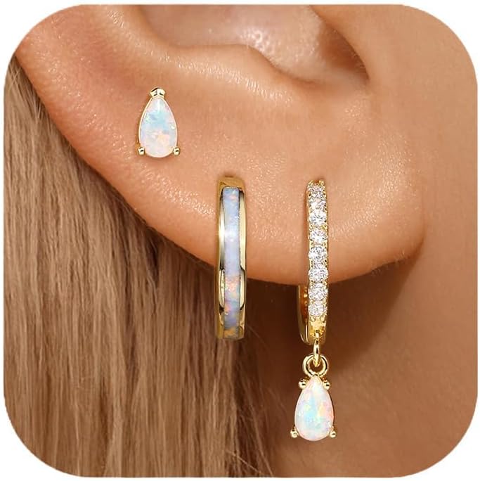 Opal Earrings Set for Women, Birthday Gift for Her, Sterling Silver | 14K Gold Plated, Hypoallergenic S925 Opal Hoop Stud Earrings for Women with Sensitive Ears, Dainty earring Stacks—Trendy Opals Jewelry 2026