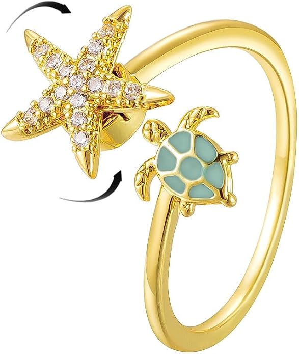 Dainty CZ Starfish Sea Turtle Open Adjustable Fidget Rings for Women Cute Crystal Sea Star Anxiety Spinner Statement Finger Band Rotating Animal Ring Comfort Fit Fashion Jewelry